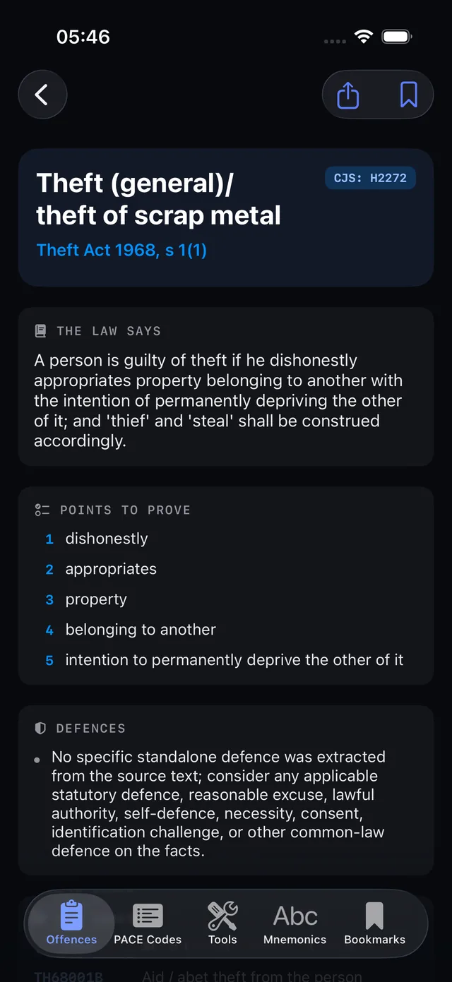 Section app — offence detail with points to prove