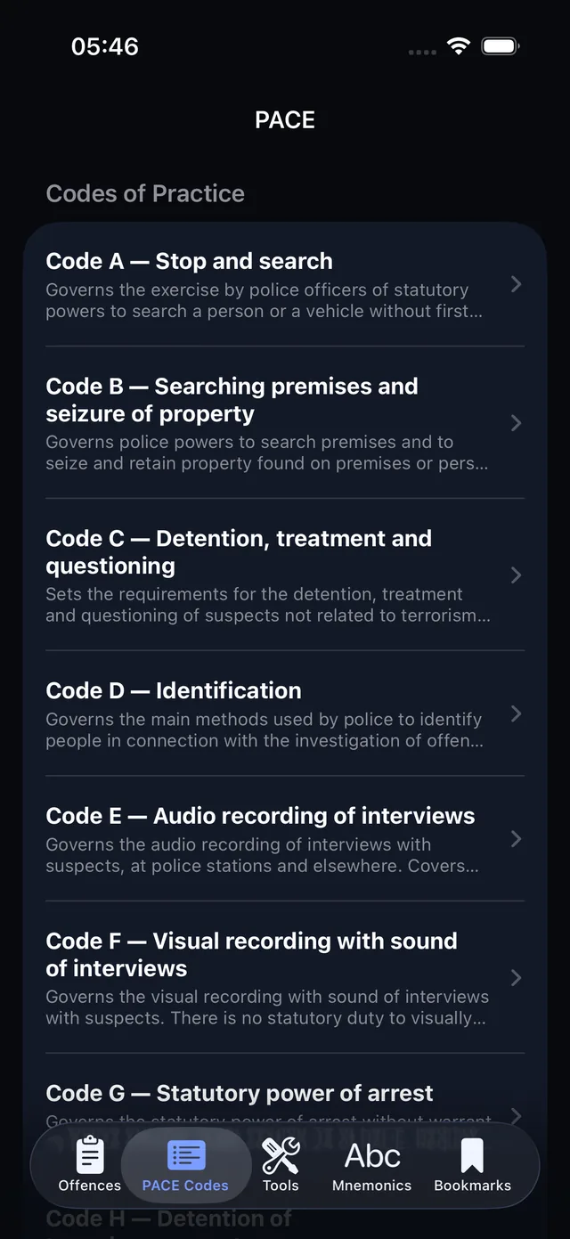 Section app — PACE Codes of Practice